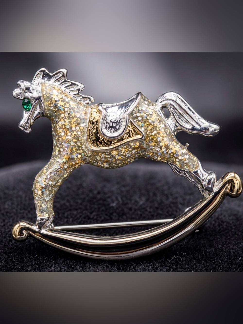 Vintage Silver & Gold Tone Sparkle Rocking Horse Brooch | Green Rhinestone Eye